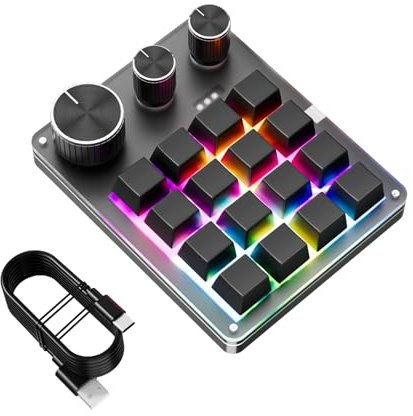 Denash Benutzer Definierte Mechanische Tastatur, Programmier Bares 16-Schlüssel-Macro-Pad mit 3 Knöpfen, Verdrahtete RGB-LED-Hintergrund Beleuchtung Gaming-Tastatur für die Arbeit, (Black)