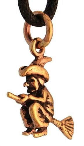allerley-dealerey Kleine Hexe auf Besen – Bronze Anhänger (3D, beidseitig) | Wicca/Pagan/Gothic Schmuck | 2,2 × 1,6 cm, ca. 1,4 g | Talisman & Amulett | Lieferung ohne Kette