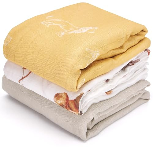 Hahaland Musselin Tücher Baby aus 100% Bambusfaser, 3er Set, Gold | 1×120×120 + 2×100×100 cm, Besonders Atmungsaktiv Weich, Stilltuch, Pucktuch, Baby Erstausstattung, Neugeborenen Geschenk