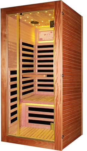 YJSPSSW Single-Person Sauna Room – Compact Infrared Heat Therapy Cabin with 7 Heating Plates, Starry Sky LED & Oguman Wood Design (900x900x1800mm)