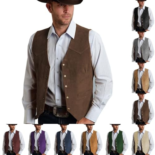 Gilet de cow-boy pour hommes Generisch - Veste en cuir sans manches - Col en V western - Style rétro traditionnel - Hippie - Tenue unie - Années 60/70 - Costume pour Carnaval, Oktoberfest, noir-c, XL