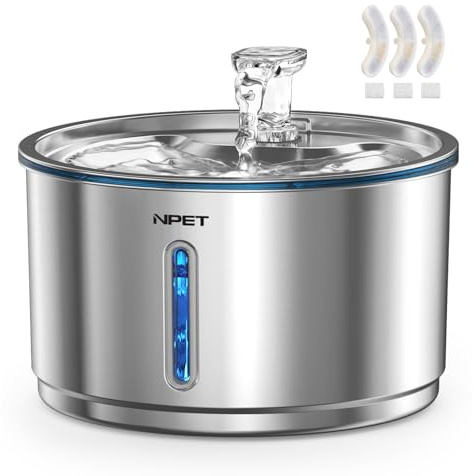 NPET Stainless Steel Cat Water Fountain with 3 Replacement Filters | 1Gallon/135oz Automatic Pet Drinking Fountain, Dog Water Dispenser, For Cats Indoor