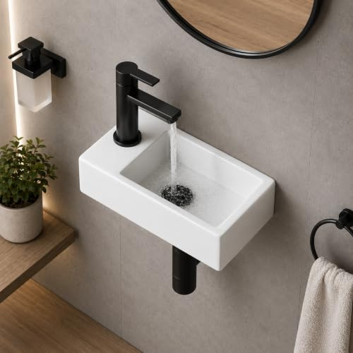 Compact Small Wall Hung Bathroom Corner Basin Sink, Gloss White Ceramic Wash Basin, Modern Space Saving Wall Mounted Sink for Small Bathrooms (Gloss White, Mini Left Hand (365x180mm))
