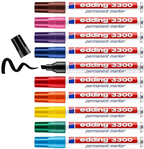 edding 3300 Permanentmarker - mehrfarbig - 10 Stifte - Keil-Spitze 1-5 mm - schnell trocknender Permanent Marker - wasserfest, wischfest - für Karton, Kunststoff, Holz, Metall - Universalmarker