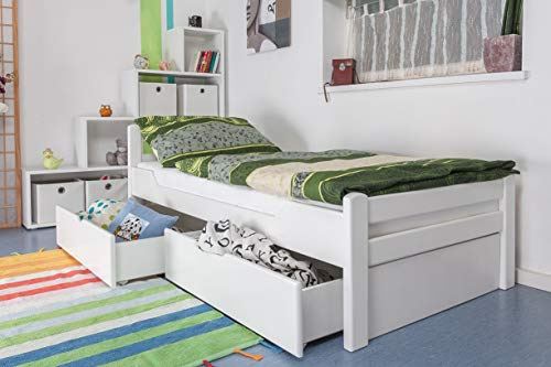 Einzelbett/Gästebett Easy Premium Line K1/2n inkl. 2 Schubladen und 2 Abdeckblenden, 90 x 200 cm Buche Vollholz massiv weiß lackiert