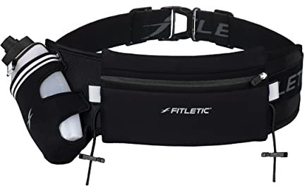 Fitletic Trinkgürtel mit 340 ml Schnellfluss-Wasserflasche für Männer und Frauen, Renngürtel, Gel-Halterungen und Latzknebel, patentiertes federfreies Design, wasserabweisend, passend für alle Handys,