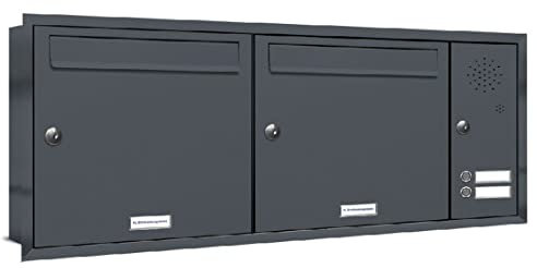 AL Briefkastensysteme, 2er Unterputzbriefkasten mit Klingel in Anthrazit Grau RAL 7016, 2 Fach wetterfeste Briefkastenanlage, Doppel-Briefkasten, Design modern