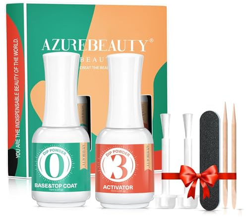 AZUREBEAUTY 2 Combined into1 Dip Powder Base & Top Coat with Activator, 0.5oz/Bottle, Fast Drying, No Lamp Needed, for Nail Kit