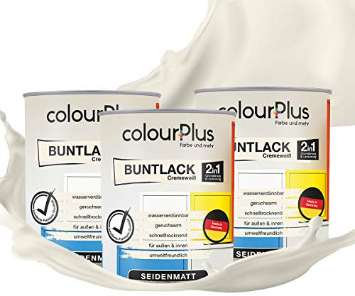 colourPlus 2in1 Buntlack Seidenmatt (2,25L Cremeweiß/Hell Beige RAL 9001) – Wetterfeste Holzfarbe Holzlack Küchenmöbellack. Getrocknet auch f. Kinderspielzeug. Schnelltrocknend, Innen Außen