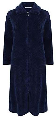 Slenderella dames doux bleu foncé épais gaufré polaire col zippé peignoir de bain robe de chambre maison manteau taille moyenne