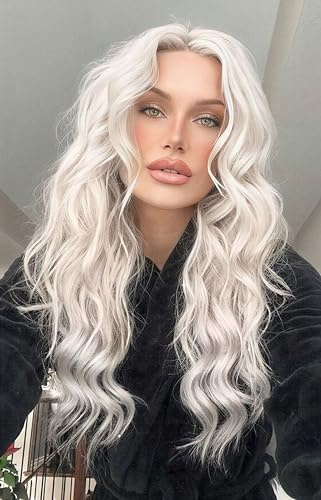 VEBONNY 613 lacefrontperuk, lös vågig platinablond peruk, syntetiskt hår, lång lockig peruk med mittdel, 56 cm (22 tum), VEBONNY-040-NEW