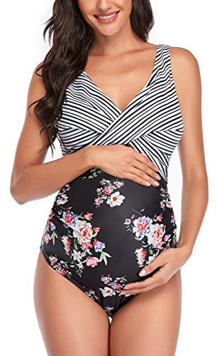 SUMMERSUNSHINE Maternity One Piece Swimwear Front Cross Pregnancy Swimsuit Bathing Suit Maternity Bikini Black Floral L
