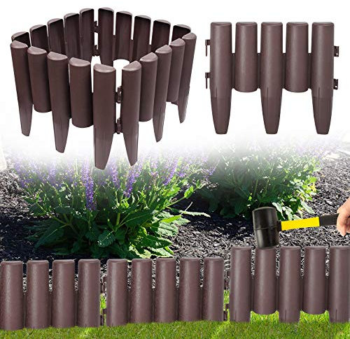 LZQ Rasenkante Palisaden Holz Optik Beetumrandung Mähkante Randsteine 1 Element (LxH): 28,0cm x 24,0cm, Gartenpalisade - 2,8 m Braun