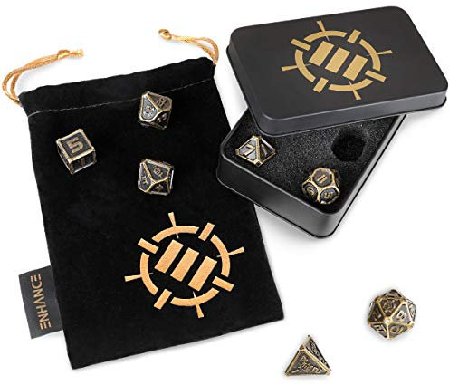 Enhance Metallwürfel Set - 7-teilige Würfel aus massivem Zink mit Metallkoffer und Würfelbeutel im Lieferumfang enthalten - RPG-Würfel für Dungeons und Drachen, Pathfinder und mehr (Alte Bronze)