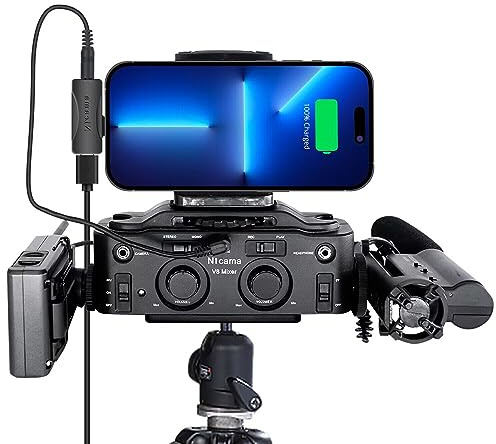 Nicama V8 ljudmixer, 2-kanal med XLR/3,5/6,35 mm ingång för hagelgevär mikrofon Sennheiser MKH-416 ME66 Rode NTG-2 NTG-1, mikrofon förförstärkare för gitarrbas, DSLR-kamera, surfplatta smartphone