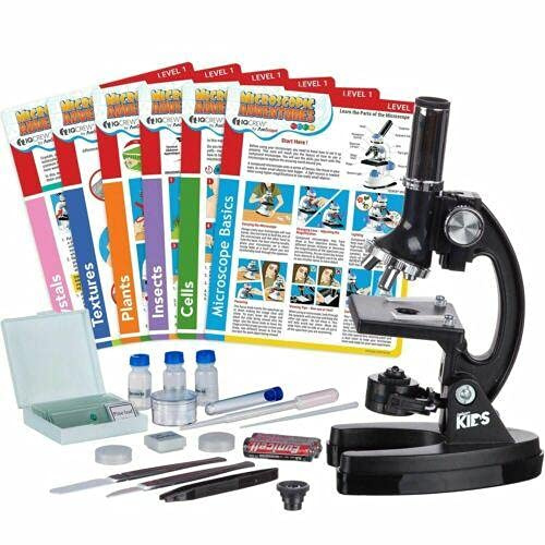 AmScope - 48pc Beginner Microscope Set, Kids Science Kit w/Accessories and Case + Set of 6 Microscope Experiment and Activity Cards
