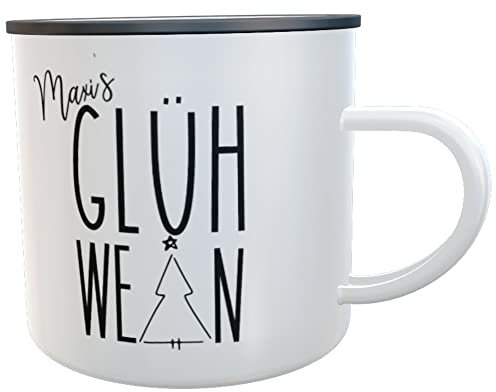 Kilala Emaille-Tasse Glühwein, Vintage Glühweinbecher, Tannenbaum mit Stern, Weiß mit Schwarzem Rand, 300 ml, Nostalgie Weihnachtsbecher, Geschenk für Weihnachten