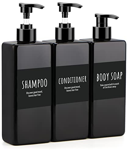 Segbeauty Nachfüllbare Pumpflasche, 500 ml Pump-Squeeze-Spender, 16,9 oz 3er-Pack Leere Shampoo-Flasche mit Etiketten, Kunststoff-Lotionsbehälter, schwarz