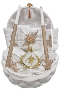 Dounia Mariage Coffret henné Luxe en Velours Demi Rond Blanc Dore Le Coffret est composé : Un Coffret Un Coussin 1 Paire de Gants, 1 Paire de Chaussons, 1 Sachet henné, 1 Assiette 1 Couteau 2 Bougies