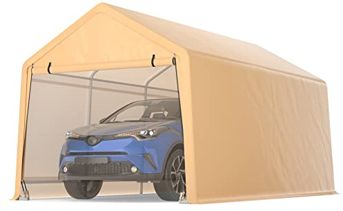 Tangkula 10.5x17 Ft Heavy Duty Carport, Portable Garage with Roll-up Front Door, Metal Car Port with Reinforced Ratchet Straps, Outdoor Car Canopy for Auto, Truck, Boat, SUV