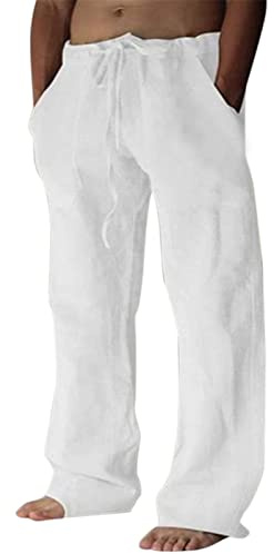 MILAX - Pantaloni in lino, da uomo, casual, lunghi, leggeri, estivi, da spiaggia, in lino, a vestibilità sciolta, pantaloni casual, tinta unita, comodi, larghi, XL