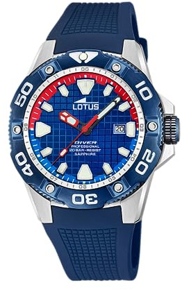 LOTUS Reloj Hombre Analógico de Caucho Azul | Movimiento de Cuarzo, Calendario, Cristal Zafiro de Alta Resistencia, Resistente al Agua 20 ATM 18927/2 Diver