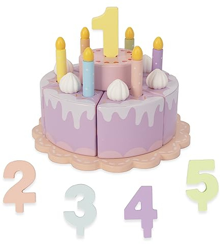 WoodenEdu Pretend Play Food for Toddlers 2-5,Wooden Birthday Fake Cake with Candles and Numbers,Tea Party Learning Kitchen Gift Toys for Boys Girls (Cream Cake)