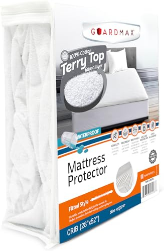 Guardmax Terry Cotton Crib Size Mattress Protector - Waterproof & Dust Mite Proof Mattress Cover with Stretchable Pockets - Soft, Comfortable, & Noiseless Waterproof Fitted Sheet.(28 x 52 x 7)