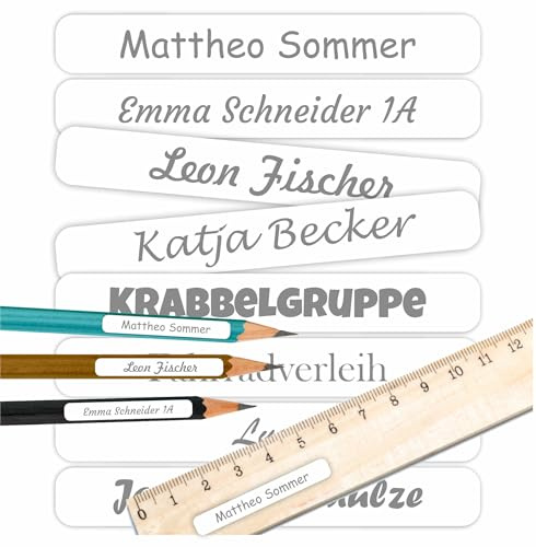 INDIGOS UG Namensaufkleber Kinder Schule 51x7mm - weiß - Namensschilder selbst gestalten mit Namen für Schulsachen - individuell personalisiert - wasserfest für die Spülmaschine - 150 Sticker