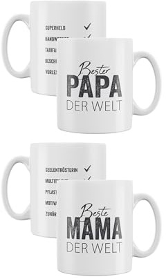 MC-Trend 2er Set Tassen Beste Mama/Bester Papa weiß mit Schriftzug Ø8cm Keramik für Muttertag Vatertag perfekte Geschenk-Idee(2er Set Beste Mama + Bester Papa)