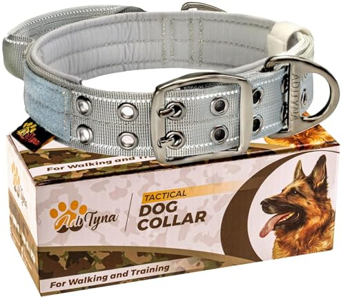 ADITYNA Strapazierfähiges Hundehalsband für extra große Hunde, reflektierendes graues Halsband mit Griff für Training und Spazierengehen, breit, dick, taktisch, weiches Neopren gepolstert