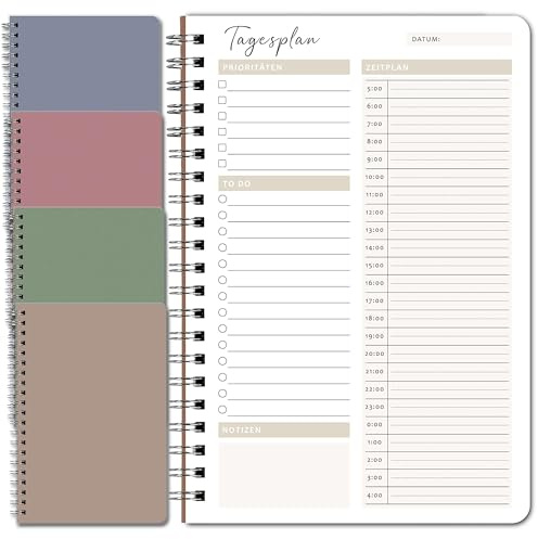 BIROYAL 4 Stück Tagesplaner Undatiert A5, 400-Tage To Do Planer, Bunt 1 | 120gsm Papier, 360° umklappbar Spiral Daily Planner, mit To Do Liste Stundenplan, Klar Strukturiert, Home Office Gadgets
