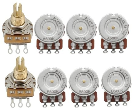 FLEOR Lange Messingschaft-Kontrolltöpfe A500K+B500K Potentiometer-Set, 24 Spline Split Shaft D3/8 Zoll für E-Gitarren-Regler, Lautstärke-Ton (Set mit 4A4B)