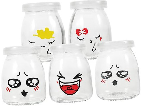 Zerodeko 5pièces Lot De Pots Verre Pour Yaourt Lait Gelée Facile à Nettoyer Motif Aléatoire