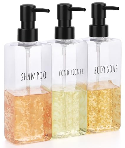 Segbeauty Seifenspender Bad, 3 Stück 500ml Shampoo Flaschen Zum Befüllen, Shampoo Spender Nachfüllbarer, Seifenspender Durchsichtig mit Bedruckten Etiketten