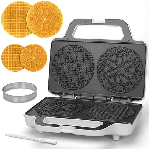 SugarWhisk Pizzelle Maker Electric, Non-stick Stroopwafel Iron, 2 X 5 Cookie Machine for Christmas, 4 Mold Included, White