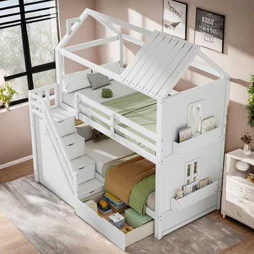 Sapgaks Etagenbett für Kinder, 90 x 200, Hüttenbett für Kinder, Treppen, Hochbett, 2-Sitzer, mit Schubladen, Regale, mit Barriere, multifunktional, Kiefer + MDF, Weiß