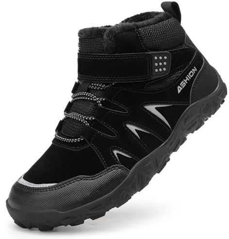 Littleplum Winterschuhe Jungen Winterstiefel Kinder Barfussschuhe Winter Warm Gefüttert Schneestiefel Wanderstiefel(B Schwarz,39EU)