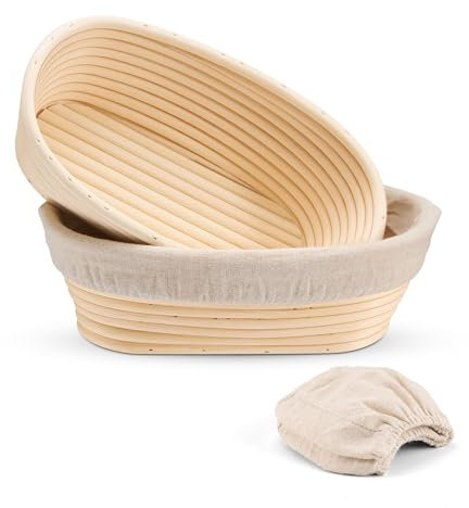 E-far Bread Proofing Basket Set of 2, 10 Inch Oval Dough Bowls for Rising, Sourdough Bread Baking Supplies with Liners for Home and Professional Baking