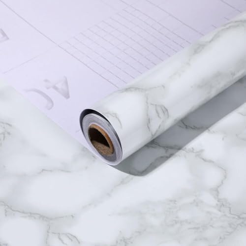 Marble Sticky Back Plastic Wallpaper, 60 cm X 10 M Self Adhesive Furniture Sticker, Granite Vinyl Wrap Contact Paper, Waterproof PVC Roll for Kitchen Countertop, Easy to Remove (White/Grey Marble)