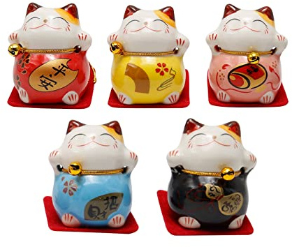 DUZFOREI 5 Pcs Cat Figurines Mini Maneki Neko, Kawaii Japanese Smiley Waving Upright Cat Luckyfor Desktop Decor, Party, Easter