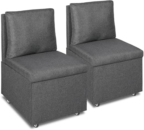 Roomark Juego de 2 sillas de comedor con ruedas, cómodas sillas acolchadas con respaldo, modernas sillas de comedor de tela de lino, 2 unidades, sillas de comedor con ruedas (gris)