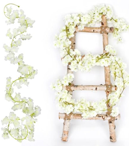 Prmape 2 Stück Blumengirlande Deko, Kirschblüten Deko 1.8M, Kunstblumen Hängend, 135 Blütenköpfe Weiß Blumengirlande, Kunstblumen Hängen für Hochzeit Party Haus Garten Bogen Wände