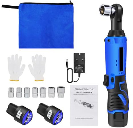 Huini 3/8 Electric Cordless Ratchet Wrench Set, Max Torque 40N.m, 0-300rpm, Impact Drive Ratchet Rattle Nut Gun with 2 x Lithium-Ion 1.5Ah Battery &7 PCS Sockets Tool Kit