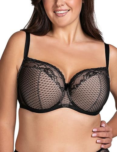 VIVISENCE BH Damen Mit Bügel Halbgepolsterter BH Mit Floraler Spitze Stützenden Bügeln Stabiler Passform Für Große Brüste Und Verstellbaren Breiten Trägern, Schwarz,85G