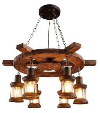 LAUMZX Industrielle rustikale Kronleuchter aus Holz Vintage Wagon Wheel Design Pendelleuchte Retro Boot E27 Pendelleuchte für Restaurants, Cafés, Esszimmer und Wohnräume