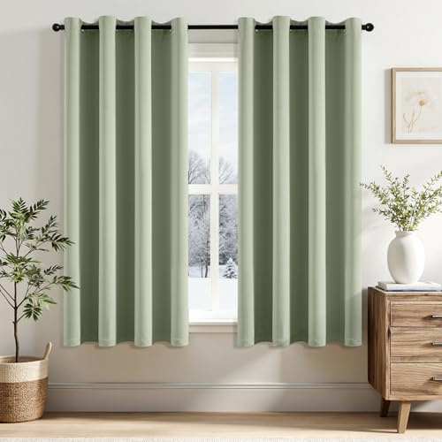 EMEMA Blickdicht Vorhänge mit Ösen 2er Set 140x145cm Salbei Grün Gardinen | Verdunklungsvorhänge mit Ösen 145CM Lang bdunkelnde Thermovorhang für Wohnzimmer Schlafzimmer Ösenvorhänge H145xB140CM