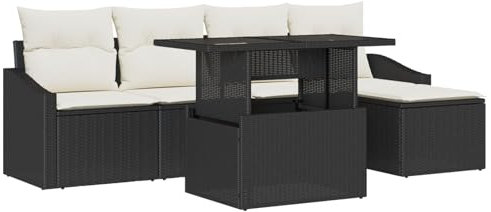 vidaXL Garten-Sofa-Set mit Kissen 6 pcs Schwarz und Creme Poly-Rattan, Garten und Terrasse, modulare Sitzgruppe, wetterfestes Lounge-Set, leichtes Sofa, UV-beständig