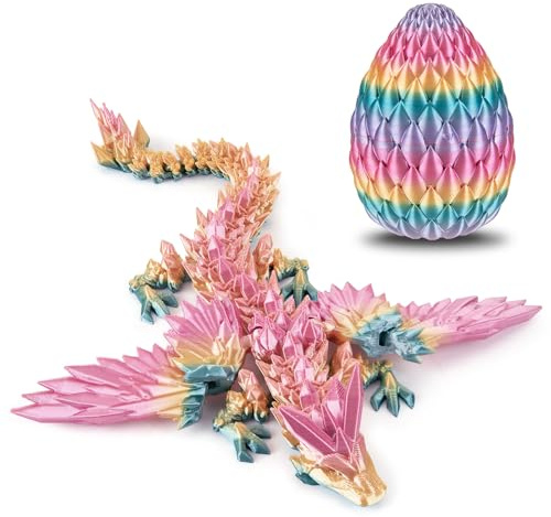 Dxldfks 3D Printed Dragon with Egg, Articulated Crystal 9 Winged Dragons and 5.5 Eggs for Easter Basket Stuffers Home Office Decoration Gift, Multicolor