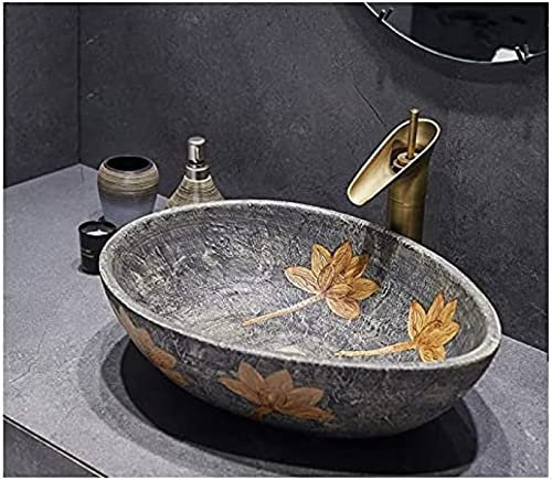 FHSLKXIM Vasques À Poser en Céramique Rétro avec Robinet Et Bonde, Vasque Ovale De Grande Capacité, Lavabo Noir pour Salle De Bain Et Toilettes 51 X 38 X 15 Cm, V, Noir